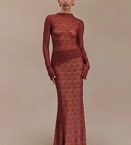 Fashion Lace Long Sleeved Round Neck Top Skirt Two-piece Set For Women 2024 Autumn Winter New Transparent T-shirt Set