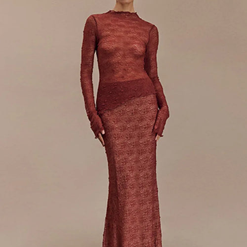 Load image into Gallery viewer, Fashion Lace Long Sleeved Round Neck Top Skirt Two-piece Set For Women 2024 Autumn Winter New Transparent T-shirt Set
