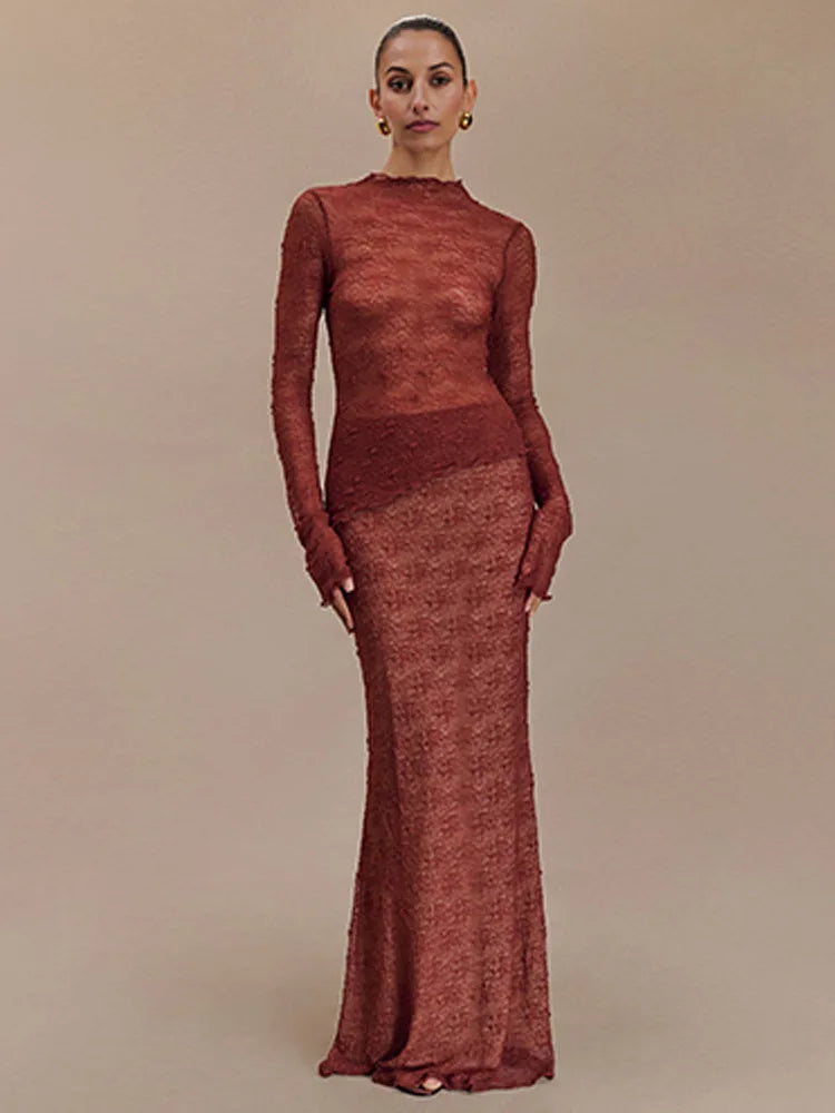 Fashion Lace Long Sleeved Round Neck Top Skirt Two-piece Set For Women 2024 Autumn Winter New Transparent T-shirt Set