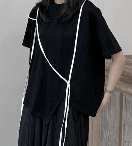 Women White String Desgin Big Size Casual T-shirt New Round Neck Short Sleeve Fashion Tide Spring Summer 2025 1DF9658