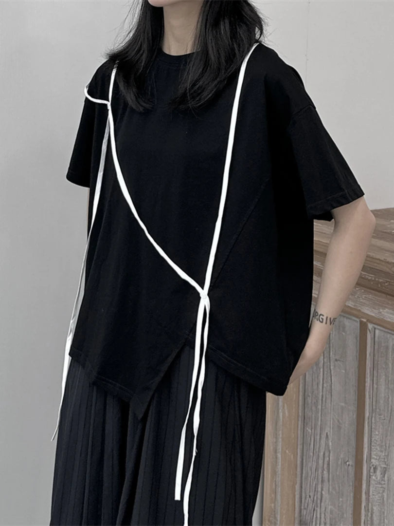 Women White String Desgin Big Size Casual T-shirt New Round Neck Short Sleeve Fashion Tide Spring Summer 2025 1DF9658