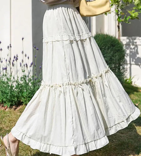 Spring Summer Sweet Retro Beige Pink Temperament Ruffle Edge Cake Long Skirt Women Black White Lace High Waist Party Club Skirts
