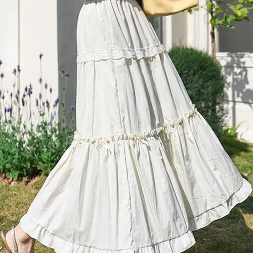 Load image into Gallery viewer, Spring Summer Sweet Retro Beige Pink Temperament Ruffle Edge Cake Long Skirt Women Black White Lace High Waist Party Club Skirts
