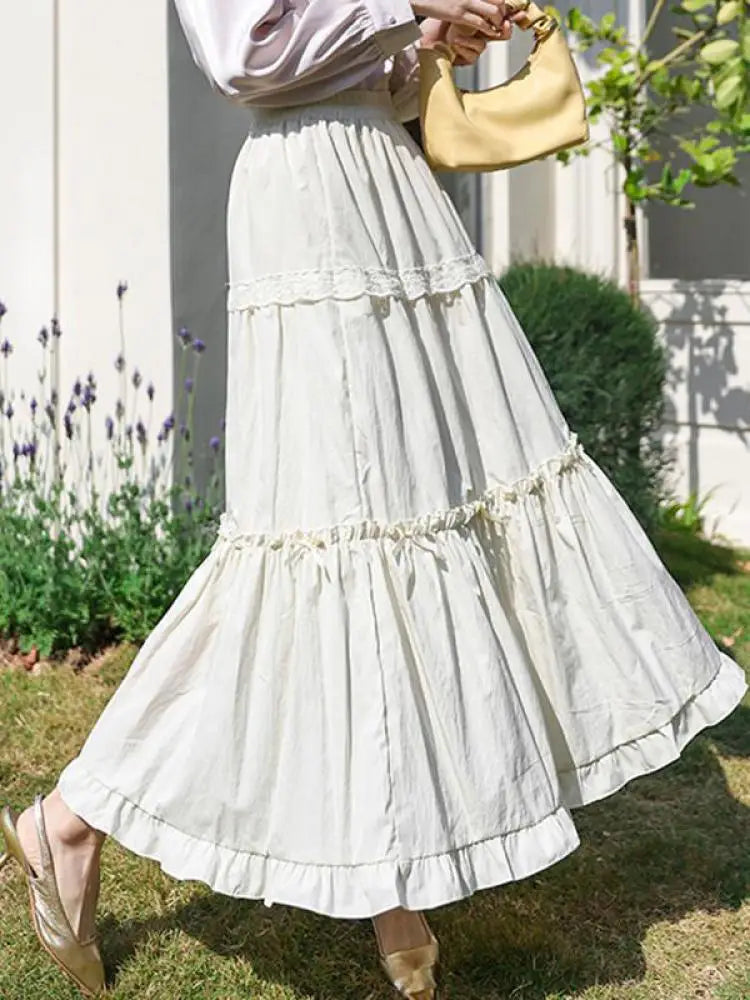 Spring Summer Sweet Retro Beige Pink Temperament Ruffle Edge Cake Long Skirt Women Black White Lace High Waist Party Club Skirts