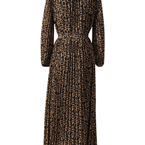 Load image into Gallery viewer, Women Brown Leopard Printed Rhinestones Long Dress New Round Neck Long Sleeve Fashion Tide Spring Autumn 2025 3WM2692
