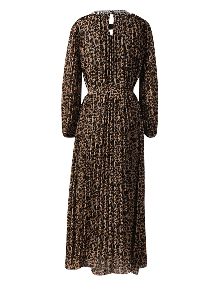 Women Brown Leopard Printed Rhinestones Long Dress New Round Neck Long Sleeve Fashion Tide Spring Autumn 2025 3WM2692