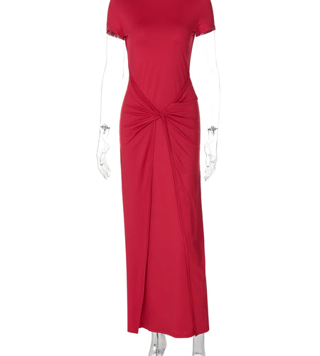 Fashion Solid Short Sleeve Ruched Bandage Sexy Bodycon Maxi Prom Dress 2025 Summer Y2K Clothes Wedding Party Birthday