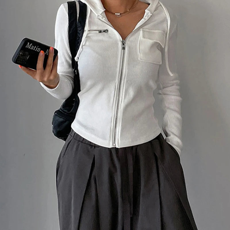 Korean Style White Knitted Hooded Women's Jacket Casual Zipper Pockets Spring Autumn Coat Slim Outwear Moto Bikercore