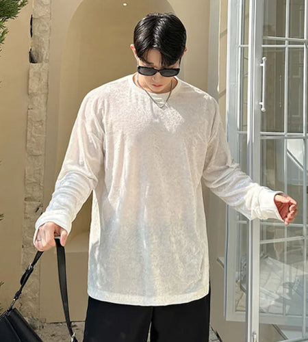 Men's T-shirts Spring Korean Semi Transparent Shiny Design Long Sleeve Round Collar Solid Color Male Clothing 9W1604