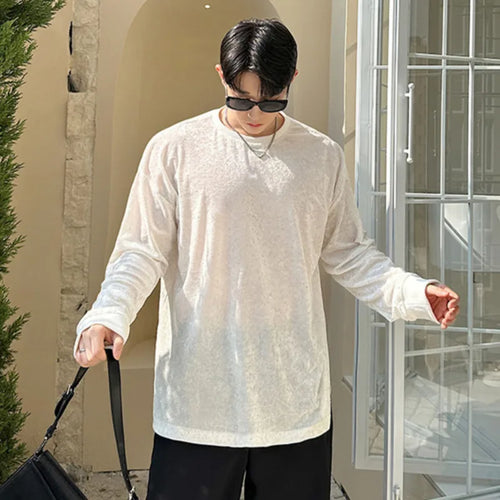 Load image into Gallery viewer, Men&#39;s T-shirts Spring Korean Semi Transparent Shiny Design Long Sleeve Round Collar Solid Color Male Clothing 9W1604
