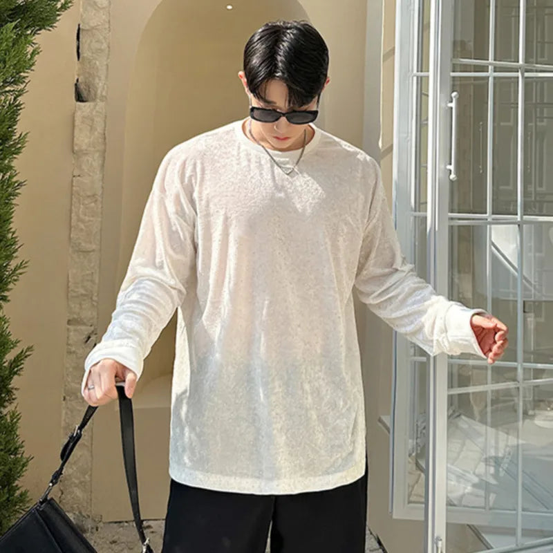 Men's T-shirts Spring Korean Semi Transparent Shiny Design Long Sleeve Round Collar Solid Color Male Clothing 9W1604