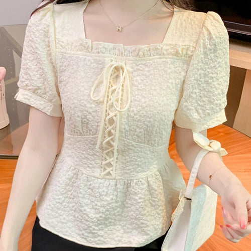 Load image into Gallery viewer, Lace-up Slim Waist Pure Color Women Blouse French Style Sweet Square Neck Puff Sleeve Summer Elegant Female Blouses
