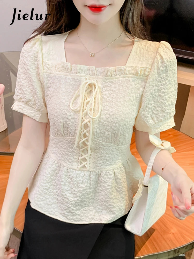 Lace-up Slim Waist Pure Color Women Blouse French Style Sweet Square Neck Puff Sleeve Summer Elegant Female Blouses