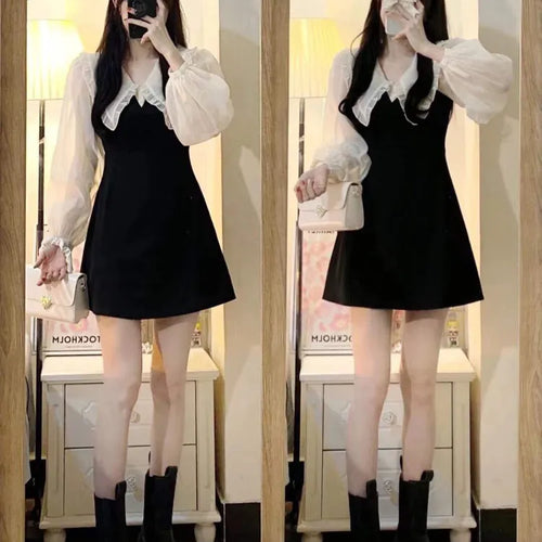 Load image into Gallery viewer, Korean Style Kpop Peter Pan Collar Dress Women Elegant Wrap Bodycon Black Mini Short Dresses Autumn Vestidos Female
