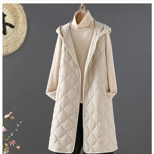 Load image into Gallery viewer, Winter Down Cotton Vest Women Sleeveless Jacket Vintage Warm Casual Mid Length Coat Ladies Single Breast Long Hooded Waistcoat

