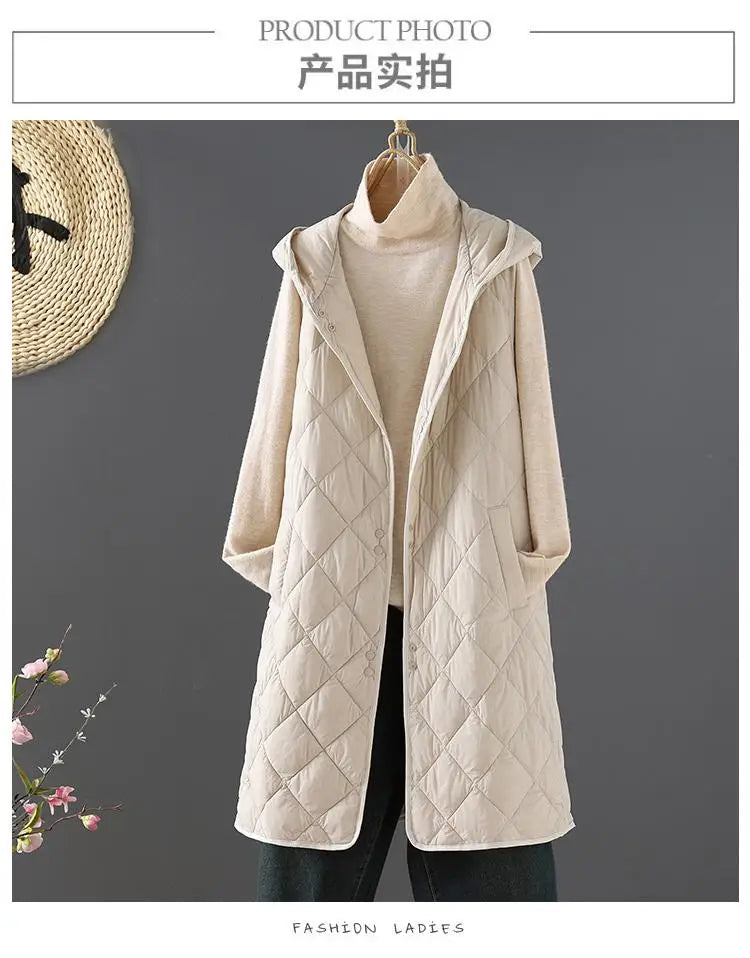 Winter Down Cotton Vest Women Sleeveless Jacket Vintage Warm Casual Mid Length Coat Ladies Single Breast Long Hooded Waistcoat