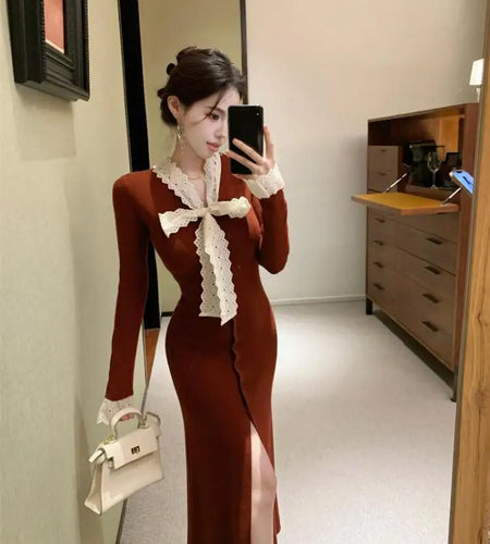 Korean 2024 New Women's Patchwork Lace Bow Bandage Dress Autumn Winter Single Breasted Office Lady Slim Split Knitted Dress Chic
