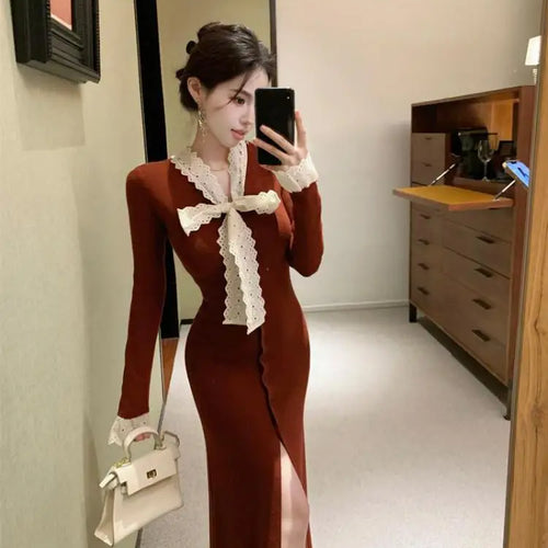 Load image into Gallery viewer, Korean 2024 New Women's Patchwork Lace Bow Bandage Dress Autumn Winter Single Breasted Office Lady Slim Split Knitted Dress Chic

