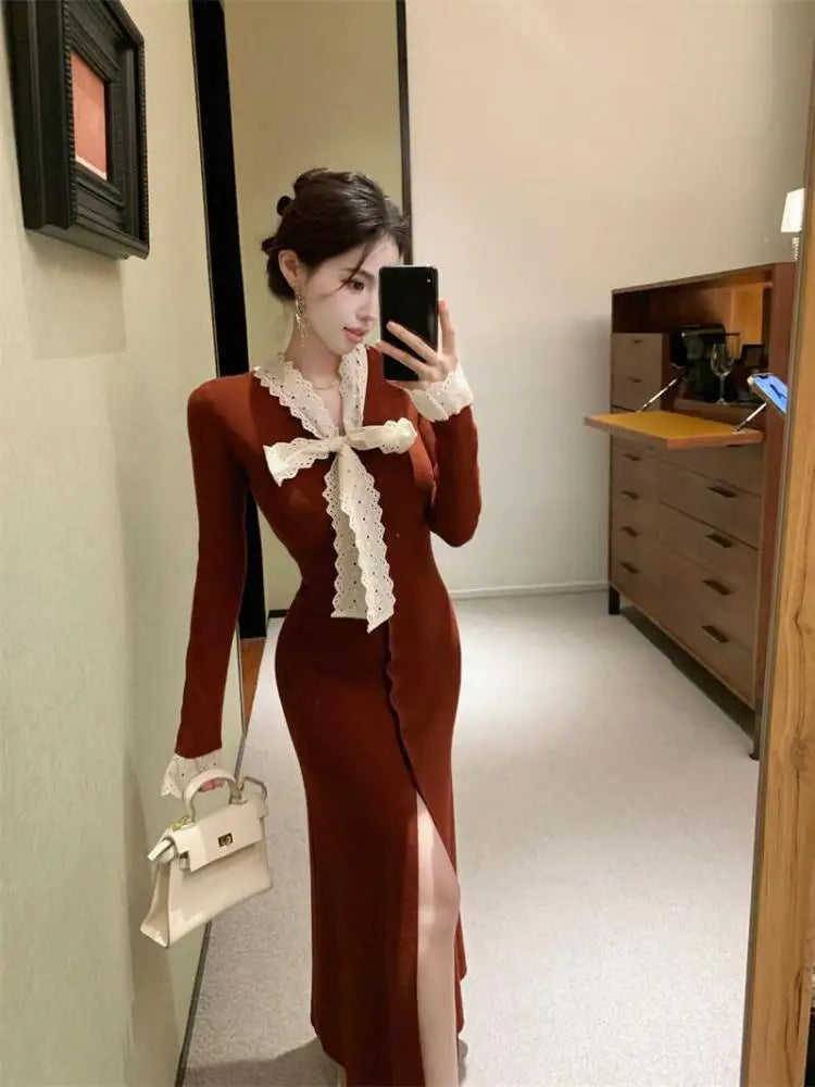 Korean 2024 New Women's Patchwork Lace Bow Bandage Dress Autumn Winter Single Breasted Office Lady Slim Split Knitted Dress Chic