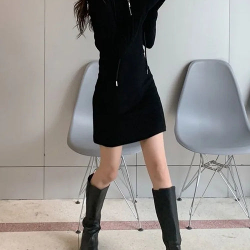 Load image into Gallery viewer, Autumn Korean Zip Bodycon Black Mini Hooded Dress Sport Kpop Style Slim Wrap Long Sleeve Mini Short Dresses Women
