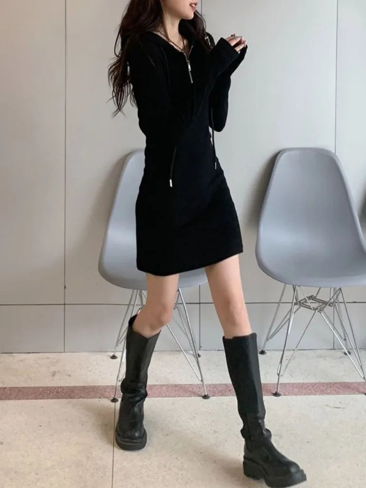 Autumn Korean Zip Bodycon Black Mini Hooded Dress Sport Kpop Style Slim Wrap Long Sleeve Mini Short Dresses Women