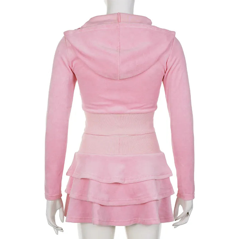 Cutecore Sweet Pink Velour Autumn Skirt Women Korean Shirring High Waist A-Line Skirts Mini Three-Layer Birthday