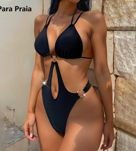 Halter One Piece Swimsuit Women 2025 Black Metal Rings Monokini Sexy Hollow Out Swimwear Halter Bathing Suit