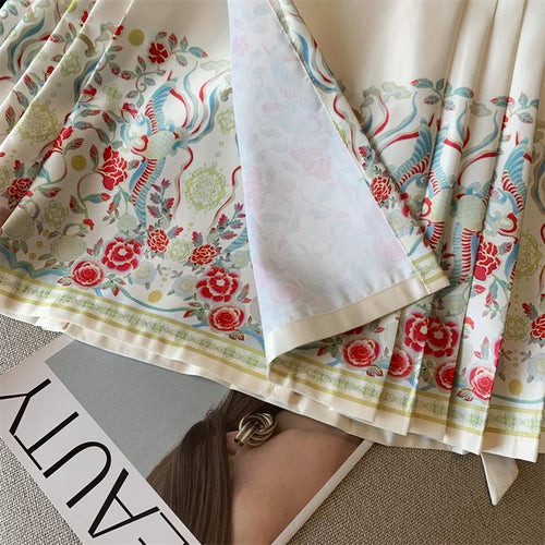 Load image into Gallery viewer, Spring Chinese Style Improved Printed Bandage Mini Skirt Women High Waist Slim A-line Pleated Horse Face Short Skirts Versatile
