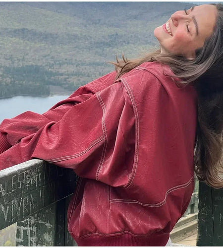 Autumn Women's Zipper Leather Bomber Jackets Casual Striped Coats Chic Lapel Loose Long Sleeve Motorcycle Outwear Top