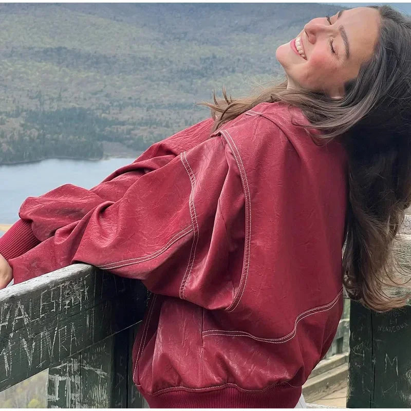 Autumn Women's Zipper Leather Bomber Jackets Casual Striped Coats Chic Lapel Loose Long Sleeve Motorcycle Outwear Top