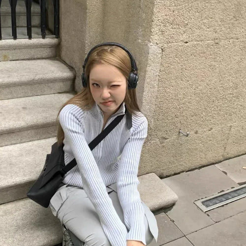 Load image into Gallery viewer, Vintage Zip Up Cardigan Womens Coats Korean Knitted Streetwear Stand  Collar Sweaters 2025 Slim All Match Striped Y2k Jackets
