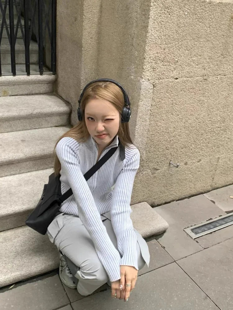 Vintage Zip Up Cardigan Womens Coats Korean Knitted Streetwear Stand  Collar Sweaters 2025 Slim All Match Striped Y2k Jackets