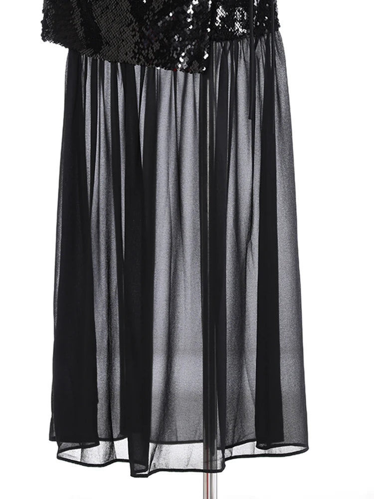 High Waist Wine Red Sequins False Mesh Long Elegant Half-body Skirt Women Fashion Tide New Spring Autumn 2025 1DH9402