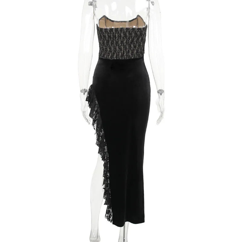 Elegant Lace Strapless Maxi Dress For Women Fashion Black Sleeveless Backless Bodycon Club Party Sexy Long Dress
