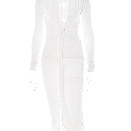 Load image into Gallery viewer, Side Split Pleated Evening Dress Women Sexy Slim High Waist Elegant Party Robe Bodycon Deep V Neck Bandage Ladies Dress
