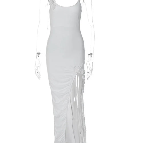 Load image into Gallery viewer, Sexy Spaghetti Strap Solid 3D Flower Dress For Women High Split Bodycon Pleated Dress Female Party Evening Dress Autumn
