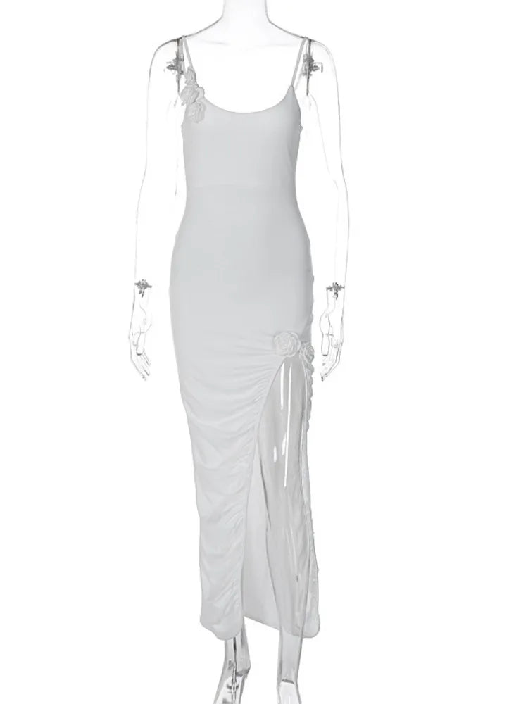 Sexy Spaghetti Strap Solid 3D Flower Dress For Women High Split Bodycon Pleated Dress Female Party Evening Dress Autumn
