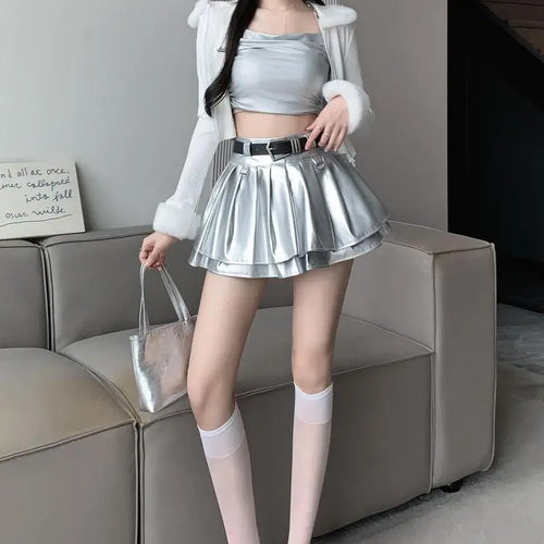 Load image into Gallery viewer, Black With Belt Pleated Pu Leather Ball Gown Skirt Women Autumn Winter 2023 New Silvery High Waist Slim A-line Short Puffy Skirt
