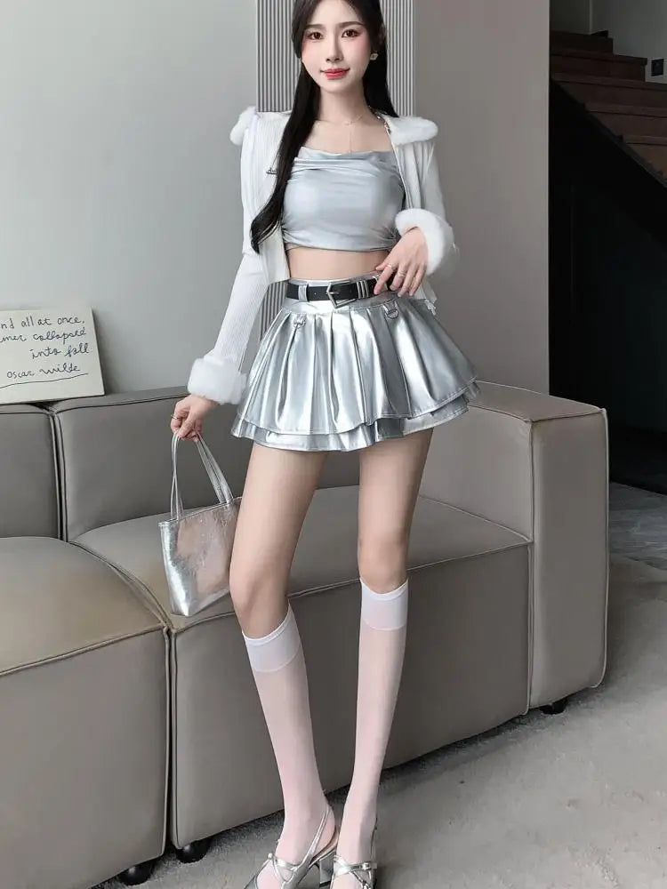Black With Belt Pleated Pu Leather Ball Gown Skirt Women Autumn Winter 2023 New Silvery High Waist Slim A-line Short Puffy Skirt
