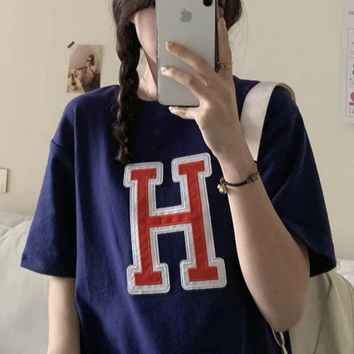 Load image into Gallery viewer, H Letter Embroidered Women&#39;s T-shirts Casual Loose Korean Top Summer Short Sleeve Female T shirt Navy Blue White Cool BF
