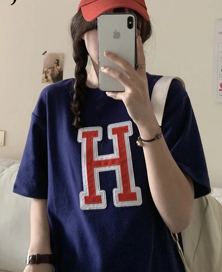 H Letter Embroidered Women's T-shirts Casual Loose Korean Top Summer Short Sleeve Female T shirt Navy Blue White Cool BF