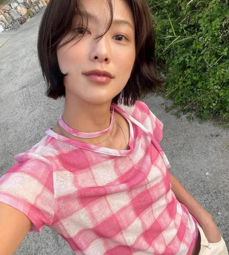 Summer T Shirts Women Clothing Korean Camisetas Fashion Casual Tees O-neck Bandage Loose Plaid T-shirt 2yk Tops 024 Ropa Mujer