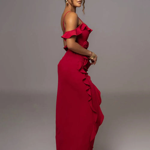 Load image into Gallery viewer, Elegant Ruffle Sexy Maxi Dress Women Spaghetti Strap Flower Sleeveless Backless High Split Club Party Evening Dress
