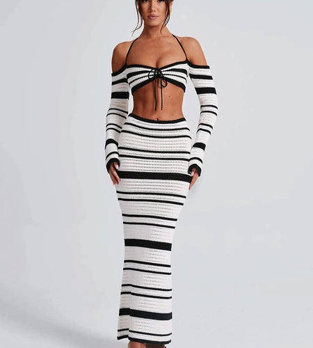 Striped Knit Skirt Two Piece Sets Women Strapless Long Sleeve Crop Tops And Maxi Skirt Sexy Two Piece Sets Knitwear