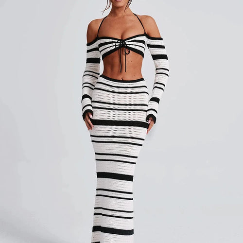 Load image into Gallery viewer, Striped Knit Skirt Two Piece Sets Women Strapless Long Sleeve Crop Tops And Maxi Skirt Sexy Two Piece Sets Knitwear
