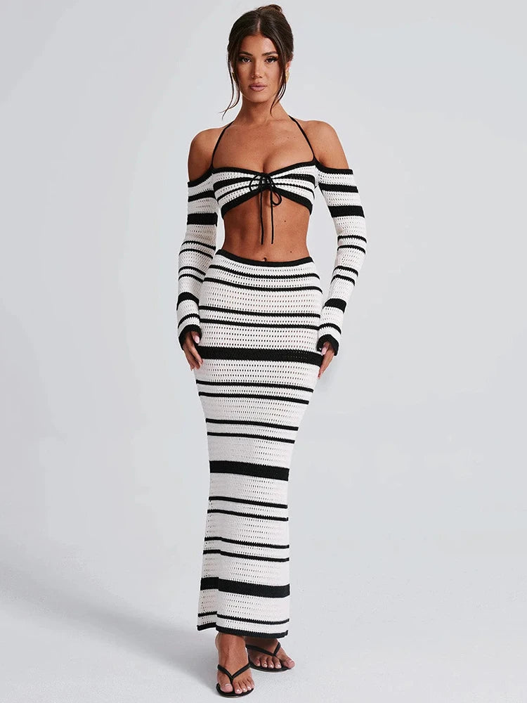 Striped Knit Skirt Two Piece Sets Women Strapless Long Sleeve Crop Tops And Maxi Skirt Sexy Two Piece Sets Knitwear