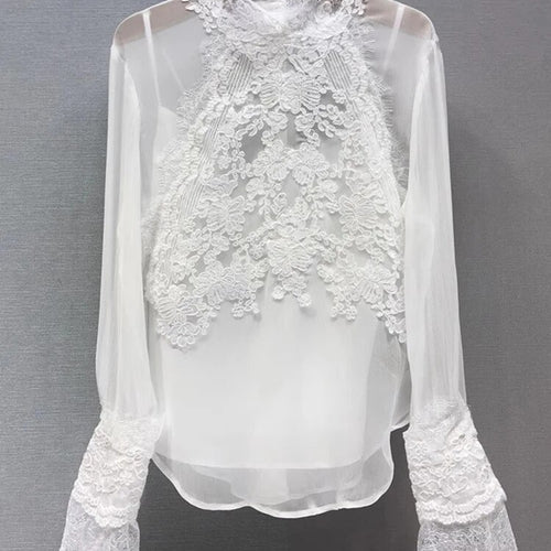 Load image into Gallery viewer, Solid Patchwork Lace Embroidery Sheer Mesh Shirts For Women Stand Collar Long Sleeve Slimming Sexy Shirt Female
