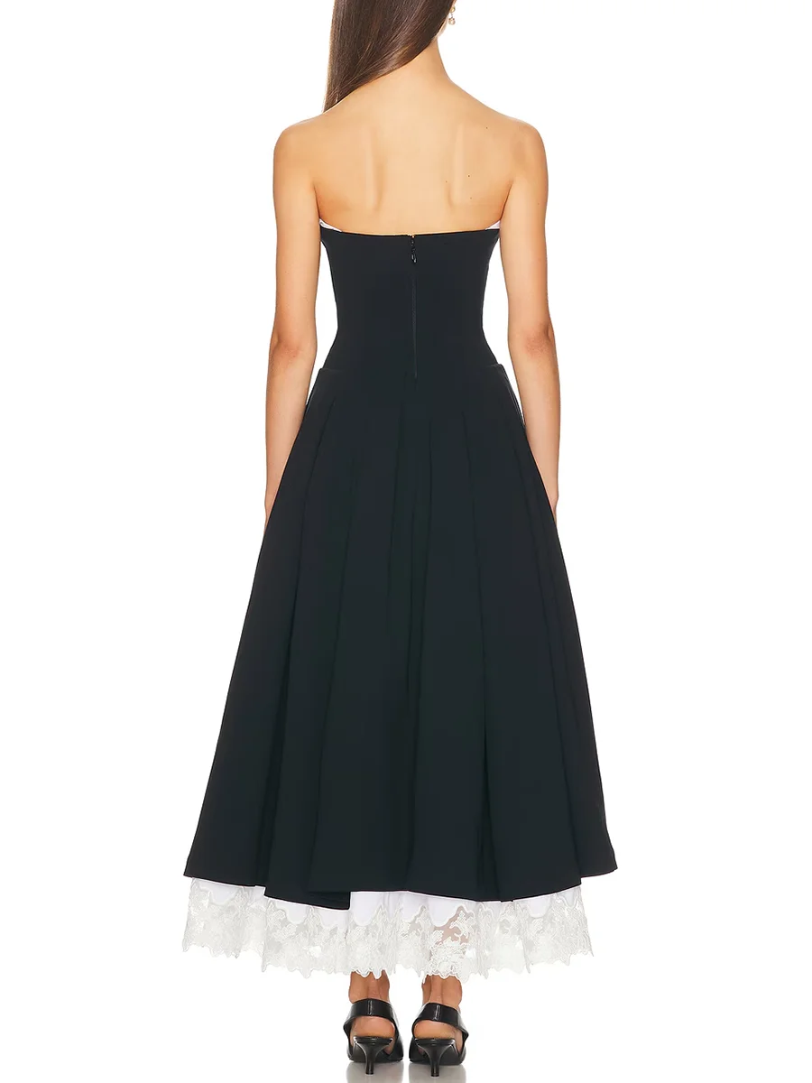 Hit Color Spliced Lace Minimalist Long Dresses for Women Strapless Sleeveless High Waist Elegant Dress Female New