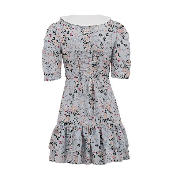 Short Sleeve Floral Mini Dress For Women Robe Turn-down Collar Elegant French Dress Ladies Fashion High Waist Dresses