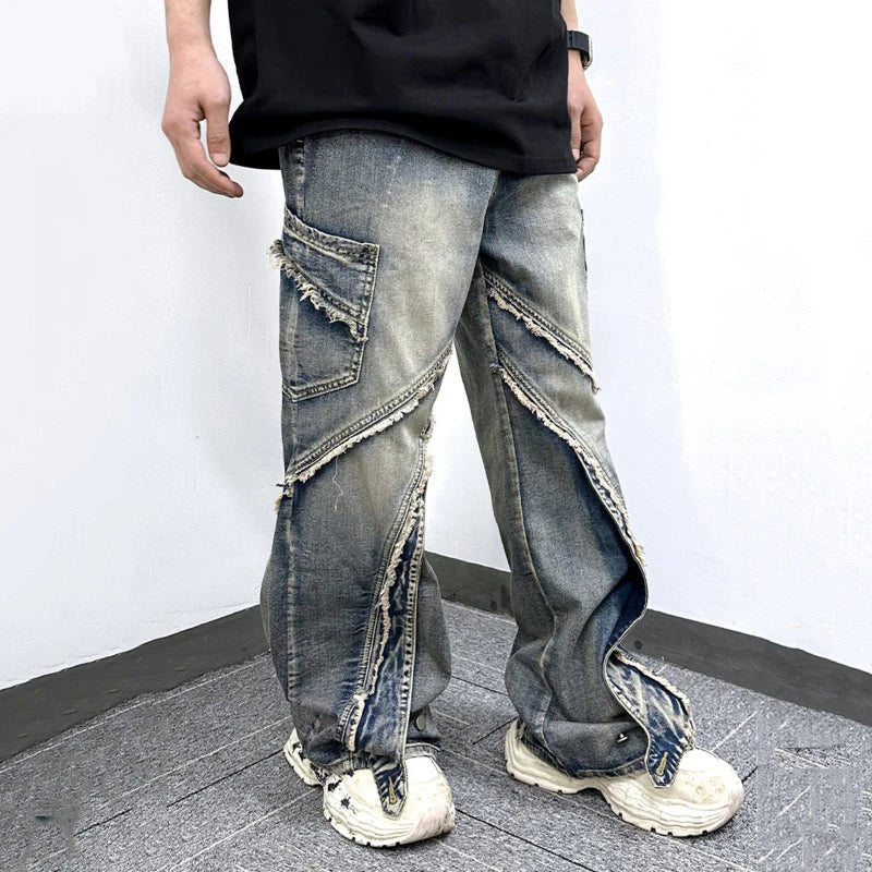 Male Jeans Summer New American High Street Edge Design Splicing Trendy Straight Leg Casual Patchwork Men's Pants 9W1866